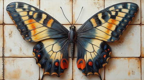 Detailed painted butterfly on a tile background