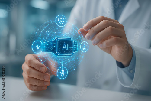 Doctor holding futuristic smartwatch displaying ai powered health monitoring technologies of the future