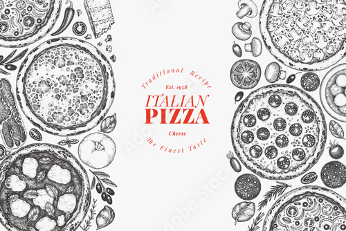 Hand Drawn Vector Pizza Design Template. Not AI Generated Illustration. Retro Pizza Banner. Old School Italian Food Background