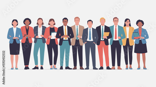 Professional SVG Vector Illustration of Businesspeople Group in Flat Modern Style with Diverse Attire and Accessories for Corporate Branding and Web Design