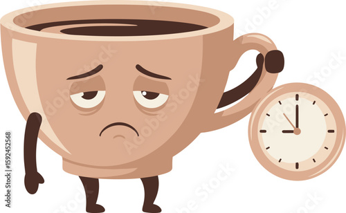 Animated coffee cup character looking sad, holding a clock, showing the time.