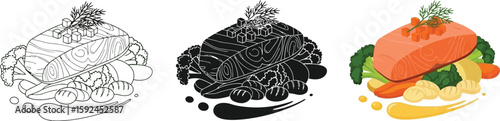 Delicious salmon fillet illustration showcases a healthy meal with broccoli, carrots, and gnocchi, perfect for culinary arts, food blogs, and dietary guides, presented in three styles.