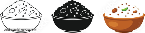 Three bowls of rice are displayed in different styles a line drawing, a silhouette, and a full color version, showcasing the versatility of this staple food in various visual representations.