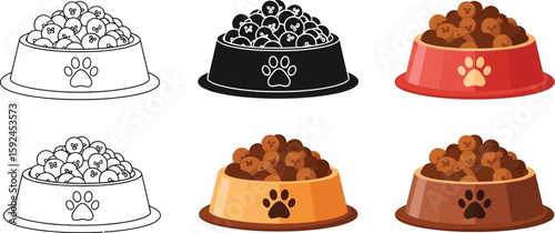 A delightful collection showcases six dog food bowls, each filled to the brim with kibble, presented in various styles from line art to vibrant color illustrations, perfect for pet-related designs.