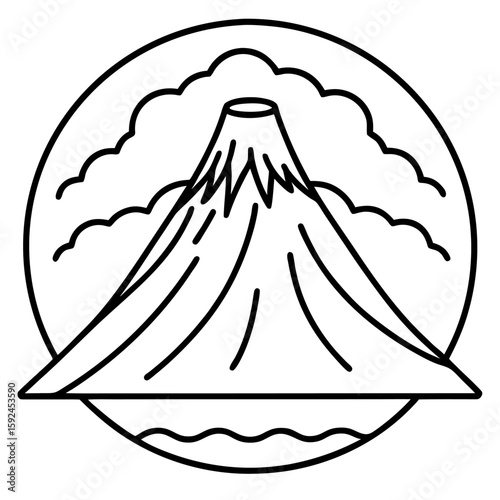 Simple continuous line drawing of a volcano erupting with smoke