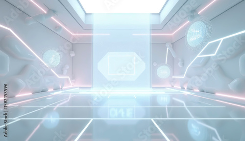 The setting features a sleek white room illuminated by soft neon accents, showcasing advanced technology with holographic displays and a polished reflective floor, evoking a high-tech atmosphere