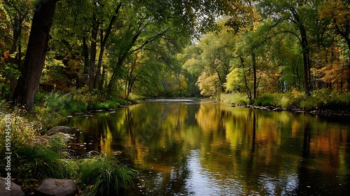 Tranquil Pond Reflecting Autumn Foliage Amidst Lush Green Forest Scenery