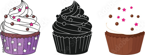 Three delightful cupcakes showcase a colorful, black and white, and shaded version, each adorned with creamy frosting, chocolate sprinkles, and star decorations, perfect for dessert lovers.