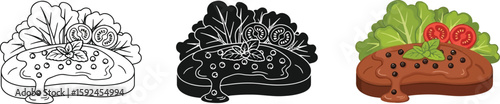 Delicious steak illustration showcases three variations, including a line art version, a silhouette, and a vibrant color rendering, perfect for culinary designs and food-related projects.