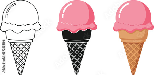 Delight in a trio of ice cream cones, showcasing a simple line drawing, a bold black silhouette, and a vibrant colored version, perfect for summer treats and dessert designs.