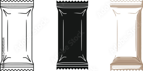 Three vector illustrations showcase a set of sealed packaging mockups, ideal for food products, snacks, or condiments, presented in white, black, and brown color variations.