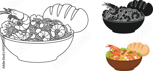 Delicious shrimp pasta bowl illustrations showcase a culinary delight, featuring various styles from line art to full color, perfect for menus, recipes, or food-related designs.