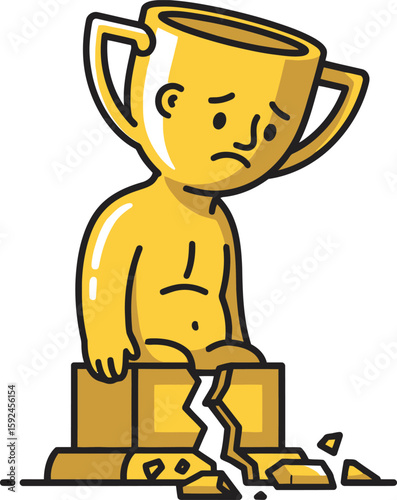 A forlorn golden trophy figure sits dejectedly on its cracked, broken base.