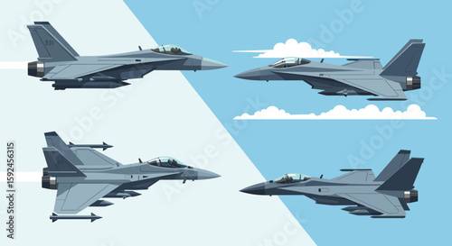 Modern military fighter jets in flight, depicted in a dynamic vector illustration against a clear blue sky with fluffy clouds, showcasing aerial power.