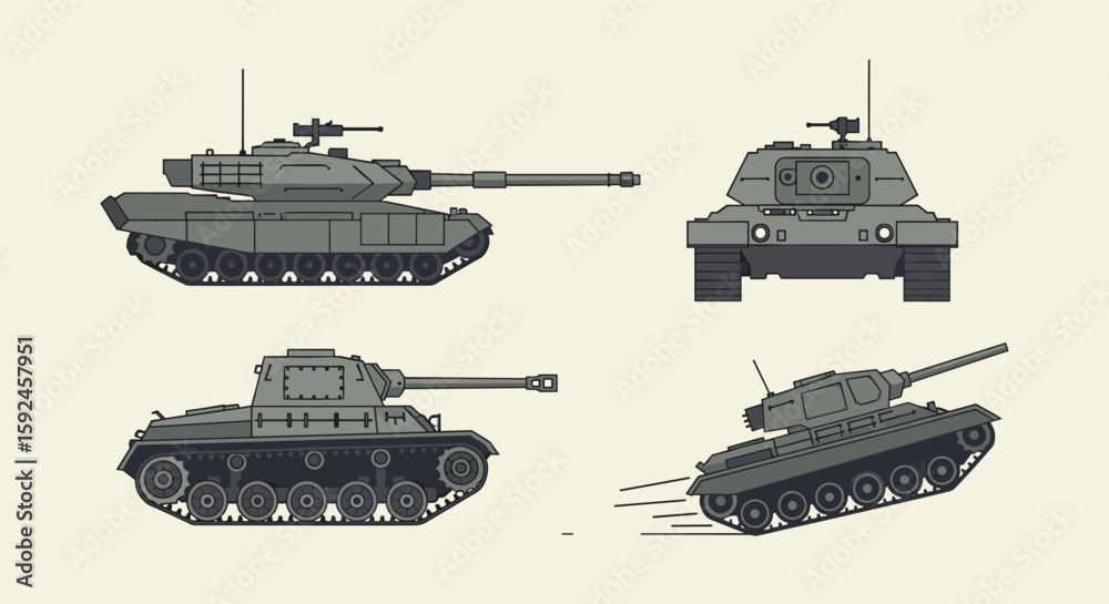 Fototapeta premium An illustration showcases various perspectives of a modern military tank, rendered in a pixelated style against a neutral background, highlighting its design.