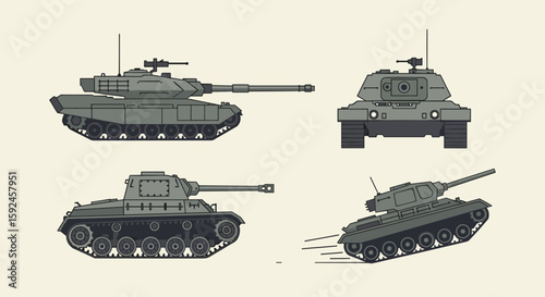 An illustration showcases various perspectives of a modern military tank, rendered in a pixelated style against a neutral background, highlighting its design.