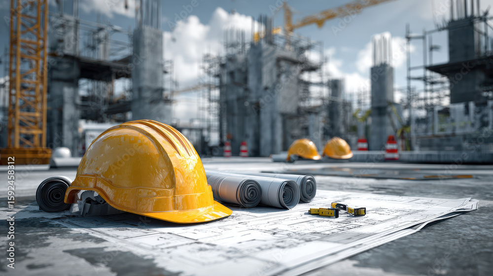 Obraz premium Construction site with safety helmet blueprints and measuring tape yellow