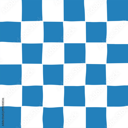 Seamless hand drawn checkered pattern with wavy blue and white squares in a grid layout. Concept of casual textile design, coastal aesthetics and playful minimalism