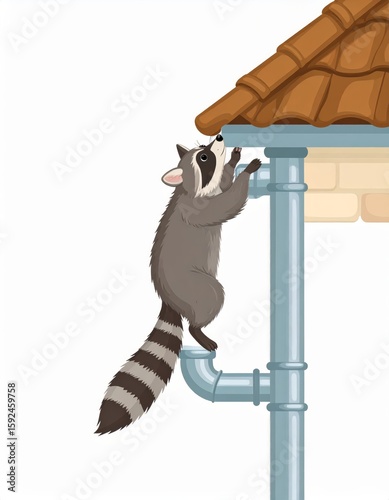 Raccoon climbing on downspout and reaching roof tiles
