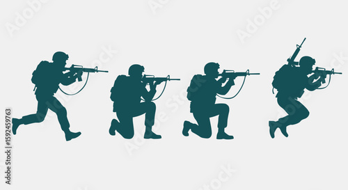 A dynamic set of four military soldier silhouettes in various combat poses, including running and kneeling, holding assault rifles against a neutral background.