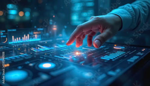 A hand interacts with a glowing data dashboard filled with charts and graphs. The high-tech setting features a vibrant blue glow, creating a modern visual experience