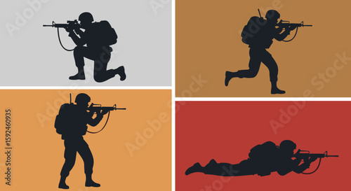 Silhouette illustrations depict a soldier in various combat positions against different colored backgrounds, showcasing military readiness and tactical maneuvers with precision.