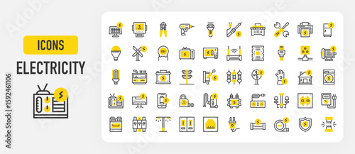 Electricity icons. Circuit Board, Street Lamp, Screwdriver, Soldering Iron, Insulating Protection, RJ45, Knife Switch, Transformer, Drill, Fuse, Wires, Multi vector stroke illustration.	
