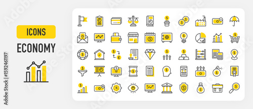 Economy icons. Business Report, Money, Mission, Income, Safebox, Certificate, Credit Card, Calendar, Factory, Store, Growth, Globe Grid, Document, Outcome vector stroke illustration.	
