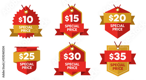 Collection of six red and gold special price tags with different dollar amounts for retail sales and promotions.