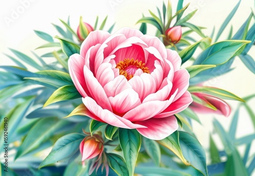 Close-up of a blooming pink peony surrounded by lush green leaves and unopened buds