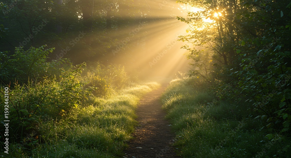 Obraz premium Sunlight streams through trees, illuminating a path in a lush, green forest.