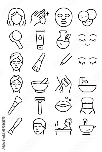 A collection of minimalist line art icons depicting the various facets of a beauty and self-care routine, offering a visual guide to wellness. 