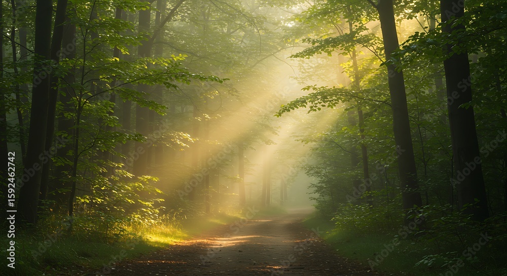 Obraz premium Tranquil Light Streams Through Dense Forest Canopy A Nature's Serenity imagefx_tlc34r_via_RJ_ImageFX_Auto.jpg