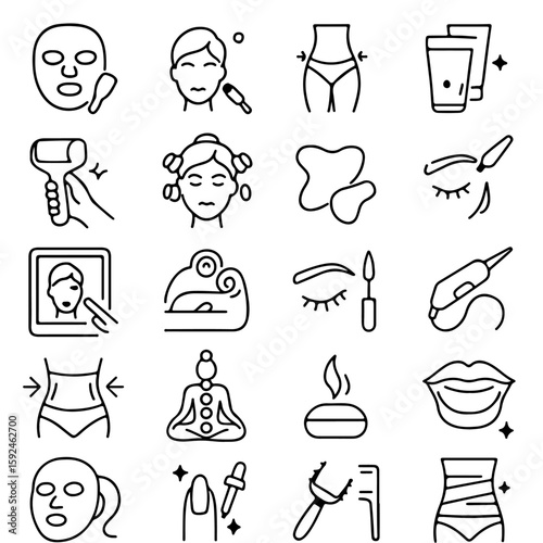 An array of illustrative line art beauty and wellness icons, depicting essential skincare, body treatments and spa elements on a light-colored ground.