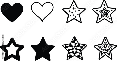 Decorative Icon Set Featuring Hearts and Stars in Solid and Patterned Styles – Minimalist Vector Design for Love, Celebration, and Aesthetic Themes