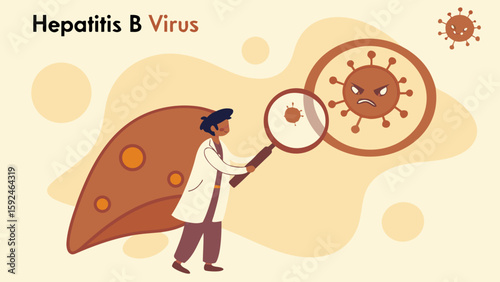 Hepatitis B Virus Concept Vector – Cartoon Virus with Angry Face, Stylized Liver, Scientist with Magnifying Glass, Warm Earth Tones for Medical Awareness and Educational Use

