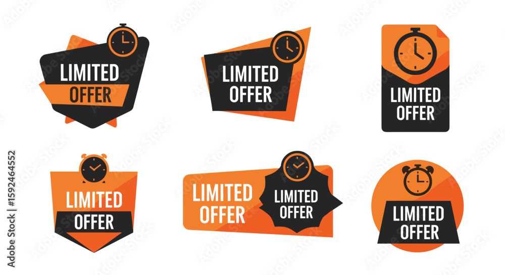 Obraz premium Six unique limited offer badges in orange and black with clocks, ideal for marketing and advertising campaigns, promoting urgency and exclusivity of special deals and discounts.