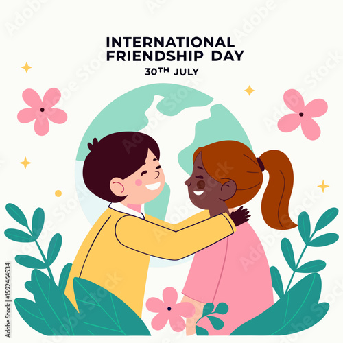 International Friendship Day Vector – Diverse Kids Hugging with Globe Background, Floral Elements, and “30th July” Text Promoting Unity, Love, and Global Connection

