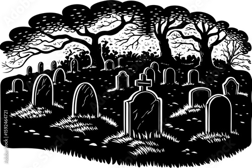 Creepy Graveyard with Tombstones and Ghostly Fog vector illustration