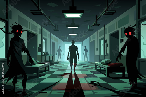 Creepy Silhouettes in Abandoned Hospital vector illustration