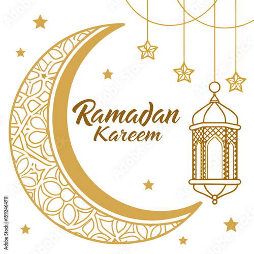 Elegant Ramadan Kareem Vector – Golden Crescent Moon, Islamic Lantern (Fanous), Hanging Stars and Calligraphy on White Background for Eid, Fasting, and Holy Month Celebrations

