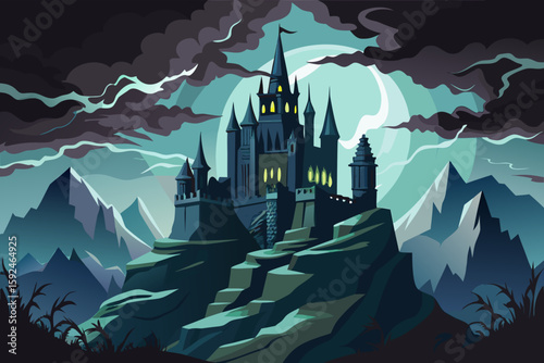 Dark Gothic Castle Silhouette Under a Stormy Sky vector illustration