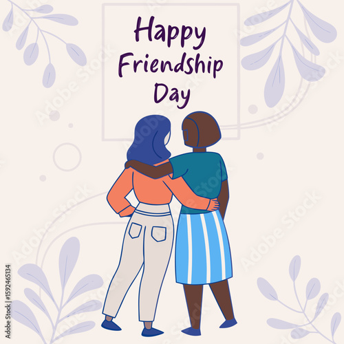 Happy Friendship Day Vector – Heartwarming Embrace Between Two Women with Floral Background, Inclusive Diversity Theme, and Elegant Script Text for Global Celebration

