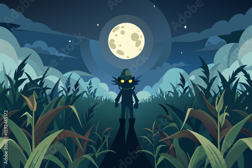 Full Moon Over a Creepy Cornfield with Scarecrow vector illustration