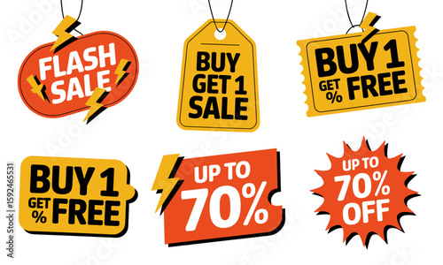 A vibrant collection of sale tags showcasing special offers, including flash sales, buy-one-get-one deals, and discounts of up to 70% off, designed to attract customers.