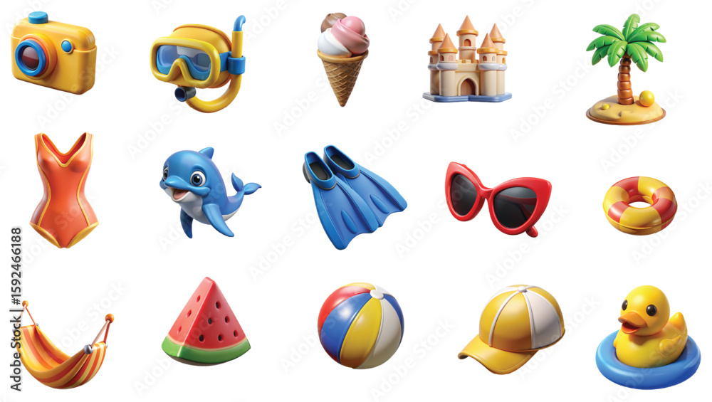 Obraz premium 3d summer vacation icon set on transparent background, 3d rendering isolated Collection of Travel Tourism.