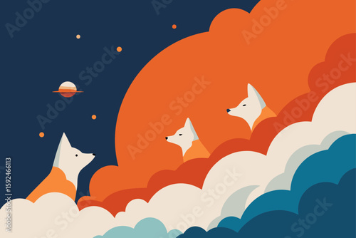 Three stylized foxes gaze at the night sky with a distant planet