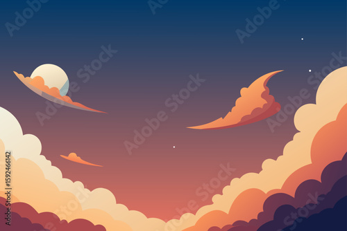 Vibrant sunset sky with stylized clouds and distant stars