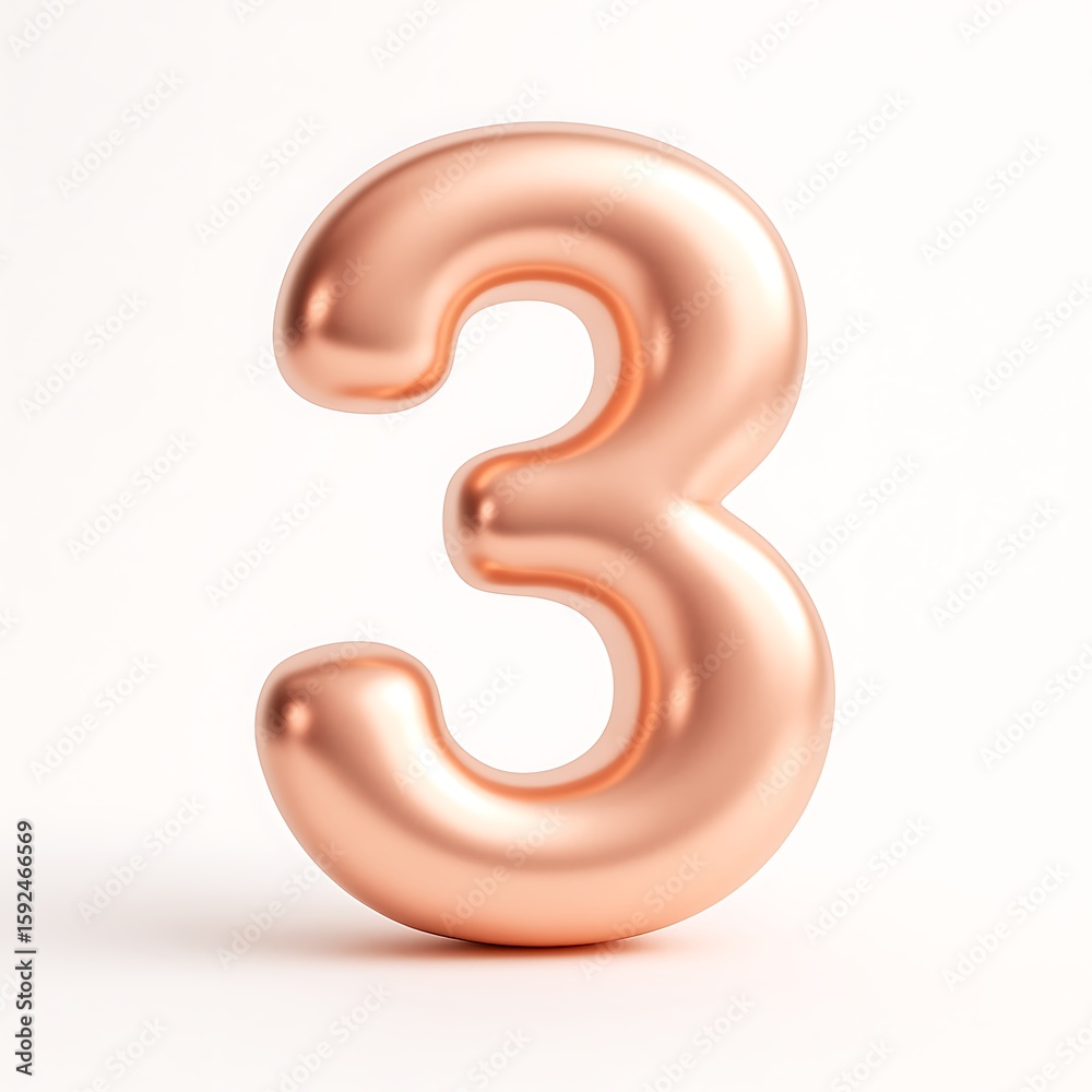 Naklejka premium Shiny rose gold balloon number three on white background