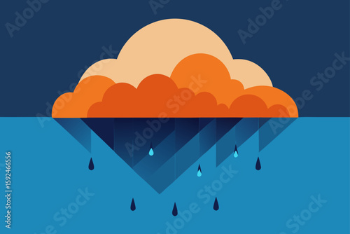 Abstract illustration of orange clouds raining over a blue geometric landscape